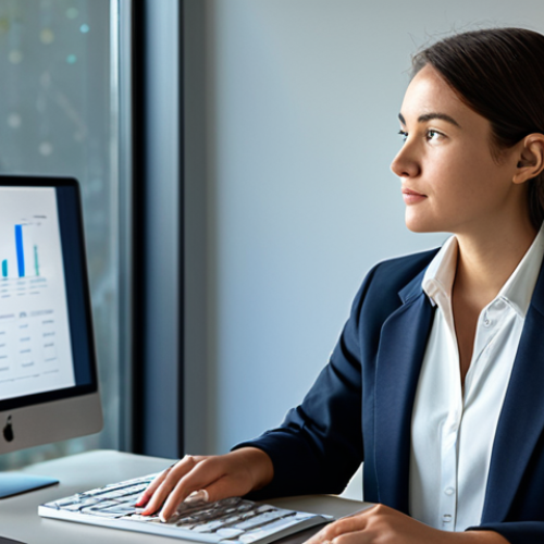 A professional young woman in a modest business blazer and a collared shirt, seated calmly at a sleek, minimalist desk in a modern, sunlit home office. She is attentively viewing a sophisticated holographic display illustrating a 'Budget Bucket System' with clearly defined, vibrant digital containers for 'Savings,' 'Housing,' 'Investments,' and 'Leisure.' Her hands are well-formed and naturally positioned, gently interacting with the display. The atmosphere is one of focus and empowerment. Full shot, professional photography, high resolution, soft ambient lighting, perfect anatomy, correct proportions, natural pose, well-formed hands, proper finger count, natural body proportions, safe for work, appropriate content, fully clothed, professional, family-friendly.