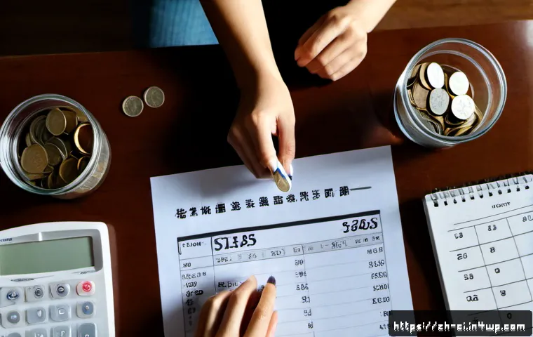 버킷 예산 시스템의 지속적인 개선 전략 - Photorealistic overhead view of a tidy home budgeting workspace, five plain glass jars representing ...