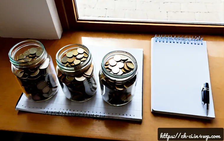 버킷 예산 시스템으로 재정 목표 달성하기 - Photorealistic overhead view of a tidy home budgeting desk, five simple transparent jars arranged in...