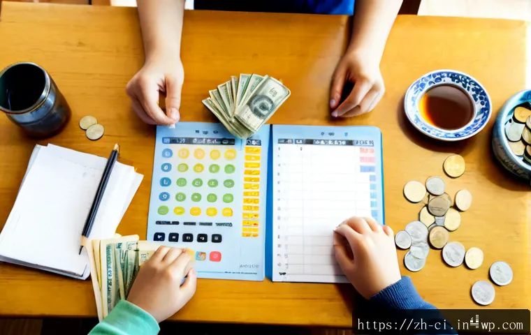 버킷 예산 시스템을 통한 재정 교육 방법 - Photorealistic overhead view of a Chinese family financial education session at a clean wooden dinin...